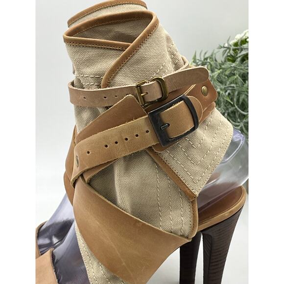 CHLOE Strap Leather Canvas Gladiator High Heel Brown Beige Sandal Sz 36/5.5 - Picture 5 of 10